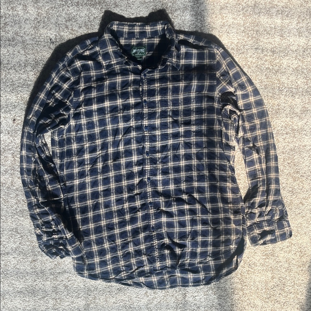 American Eagle Outfitters Blue/Tan Plaid Flannel Shirt (LT)